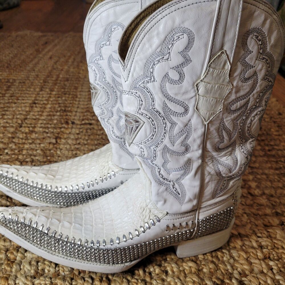 White Diamonds Crocodile Skin Leather Western Cowboy Boots White Bling 8.5 Men's